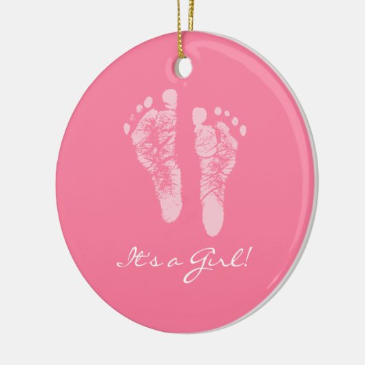 その女の子のピンクのベビーの足跡の誕生の発表 セラミックオーナメント (左)