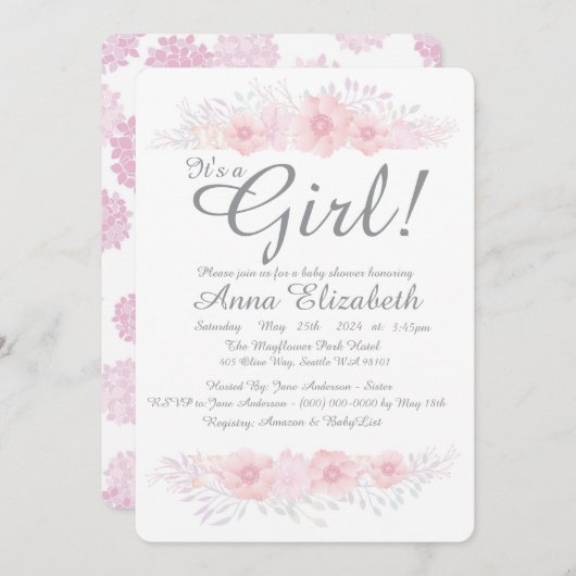 その女の子のフローラシンプルの赤ん坊シャワー植物学 招待状 (正面/裏面)