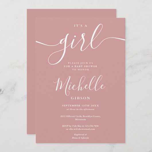 その女の子の埃エレガントっぽいバラピンクの赤ちゃんシャワー 招待状 (正面/裏面)