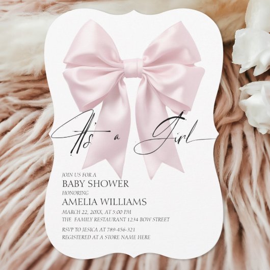その女の子の柔らエレガントかなピンクの弓の赤ちゃんシャワー 招待状