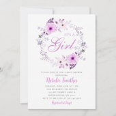 その女の子の水色の紫のフローラ赤ちゃんシャワー 招待状 (正面)