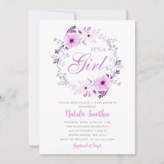 その女の子の水色の紫のフローラ赤ちゃんシャワー 招待状 (正面)