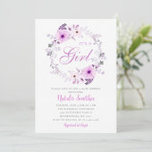 その女の子の水色の紫のフローラ赤ちゃんシャワー 招待状 (スタンド正面)