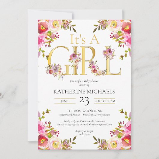 その女の子の水色の開花フローラ赤ちゃんシャワー 招待状 (正面)