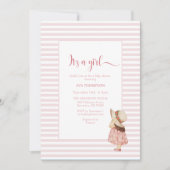 その女の子の水色ピンクのライン赤ちゃんシャワー 招待状 (正面)