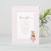 その女の子の水色ピンクのライン赤ちゃんシャワー 招待状 (スタンド正面)