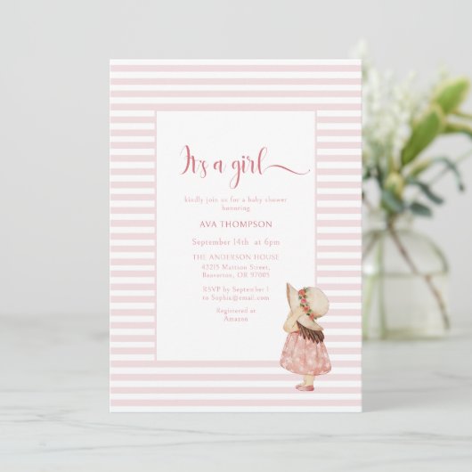 その女の子の水色ピンクのライン赤ちゃんシャワー 招待状 (スタンド正面)