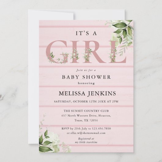 その女の子の緑のピンクの木の赤素朴ちゃんシャワー 招待状 (正面)