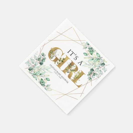 その女の子の緑のユーカリ金ゴールド赤ちゃんシャワー スタンダードカクテルナプキン (角)