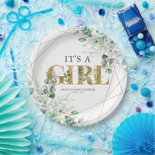 その女の子の緑のユーカリ金ゴールド赤ちゃんシャワー ペーパープレート (パーティー)