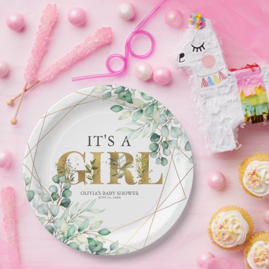 その女の子の緑のユーカリ金ゴールド赤ちゃんシャワー ペーパープレート (パーティー)