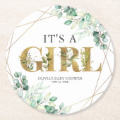 その女の子の緑のユーカリ金ゴールド赤ちゃんシャワー ラウンドペーパーコースター (正面)