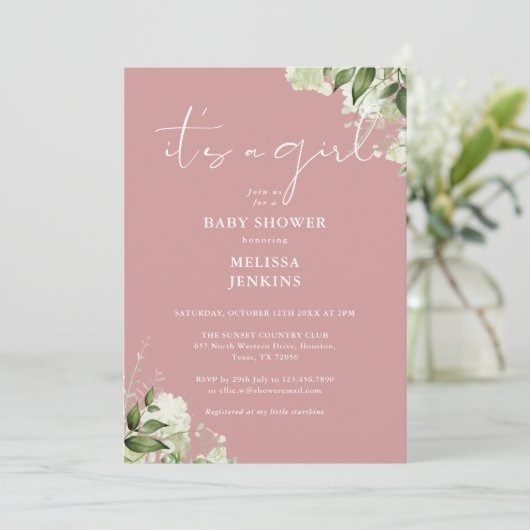 その女の子の緑の埃っぽいバラの赤ちゃんシャワー 招待状 (スタンド正面)