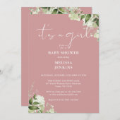 その女の子の緑の埃っぽいバラの赤ちゃんシャワー 招待状 (正面/裏面)