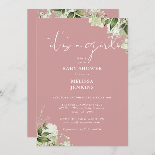 その女の子の緑の埃っぽいバラの赤ちゃんシャワー 招待状 (正面/裏面)