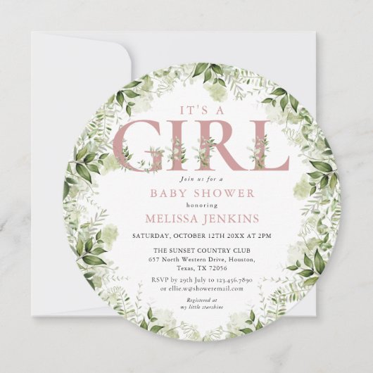 その女の子の緑の埃っぽいバラ手紙の赤ちゃんシャワー 招待状 (正面)