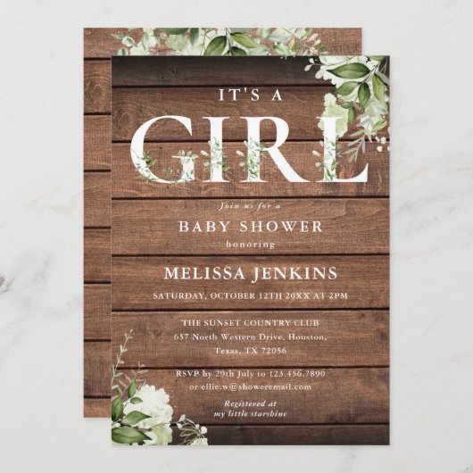 その女の子の緑の手紙の木素朴の赤ちゃんシャワー 招待状 (正面/裏面)