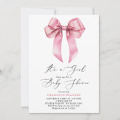その女の子の赤面ピンクの弓ベビーシャワー 招待状 (正面)