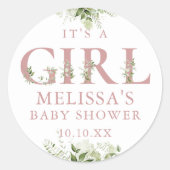 その女の子ほこりっぽいバラピンク緑の赤ちゃんシャワー ラウンドシール (正面)