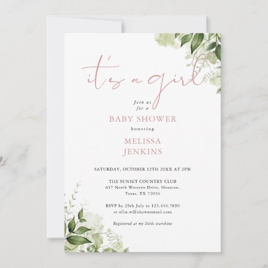 その女の子ほこりっぽいバラ緑の赤ちゃんシャワー 招待状 (正面)