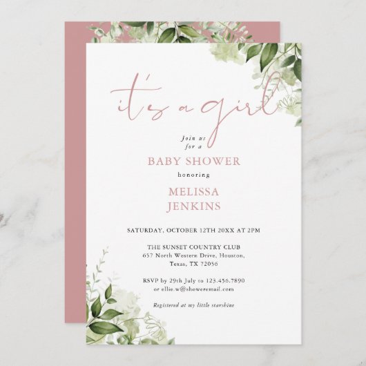 その女の子ほこりっぽいバラ緑の赤ちゃんシャワー 招待状 (正面/裏面)