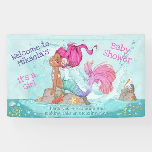 その女の子ダークスキンピンクの人魚の赤ちゃんシャワー 横断幕 (横)