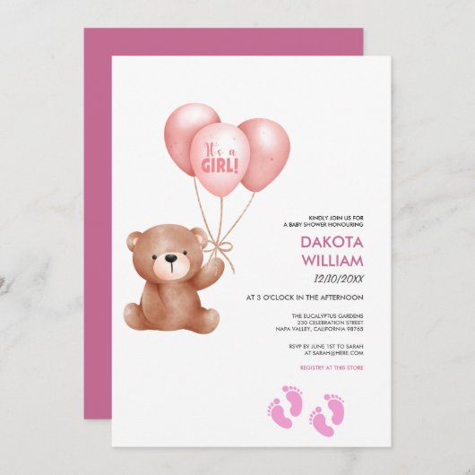 その女の子テディベア気球の赤ちゃんシャワー 招待状 (正面/裏面)
