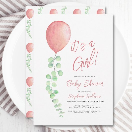 その女の子バルーンユーカリ緑の赤ちゃんシャワー 招待状
