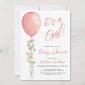 その女の子バルーンユーカリ緑の赤ちゃんシャワー 招待状 (正面)