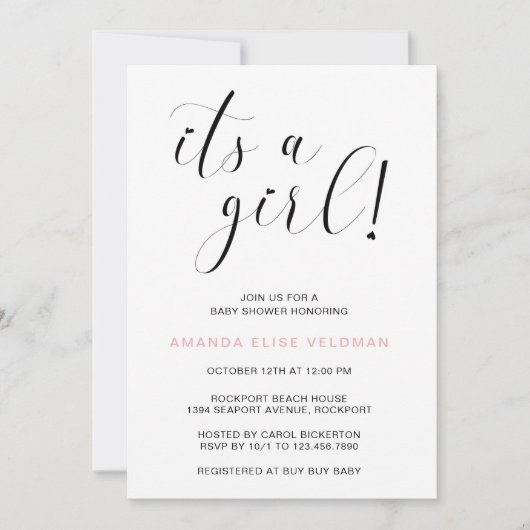 その女の子ピンクのハートタイポグラフィ赤ちゃんシャワー 招待状 (正面)