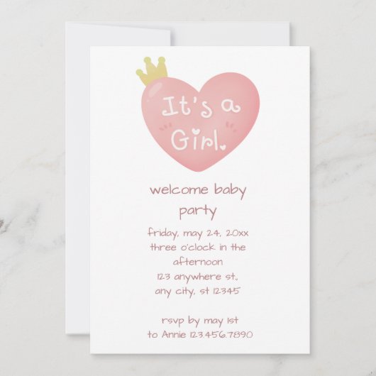 その女の子ピンクのハートプリンセス赤ちゃんシャワー 招待状 (正面)