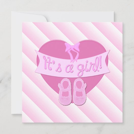 その女の子ピンクのハート弓靴ベビーシャワー招待状 招待状 (正面)