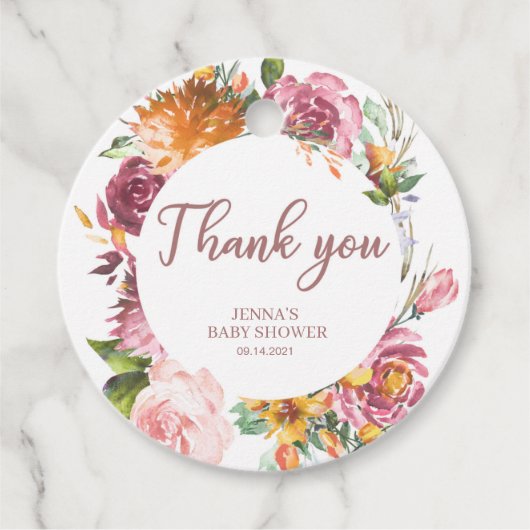 その女の子ピンクのフローラありがとう、ベビーシャワー。 フェイバータグ (正面)