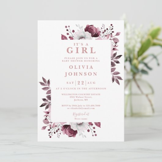 その女の子ピンクのフローラエレガント写真ベビーシャワー 招待状 (スタンド正面)