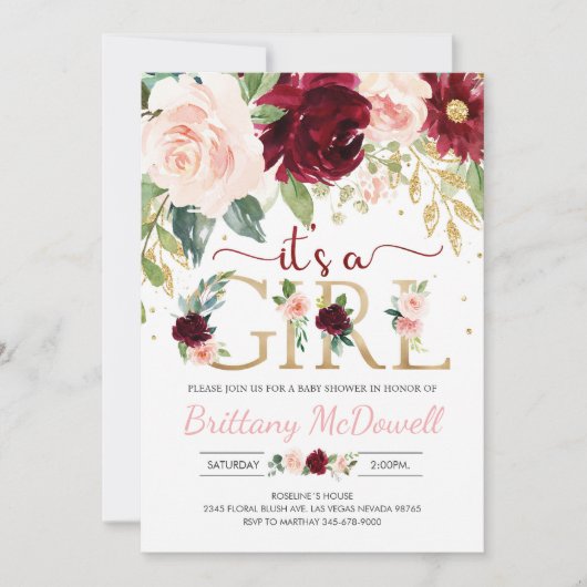 その女の子ピンクのフローラバーガンディ赤ちゃんシャワー 招待状 (正面)
