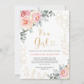 その女の子ピンクのフローラユーカリ金ゴールド赤ちゃんシャワー 招待状 (正面)