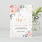 その女の子ピンクのフローラユーカリ金ゴールド赤ちゃんシャワー 招待状 (スタンド正面)
