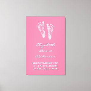 その女の子ピンクのベビー足跡の誕生の発表 キャンバスプリント