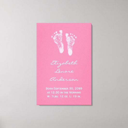 その女の子ピンクのベビー足跡の誕生の発表 キャンバスプリント (正面)