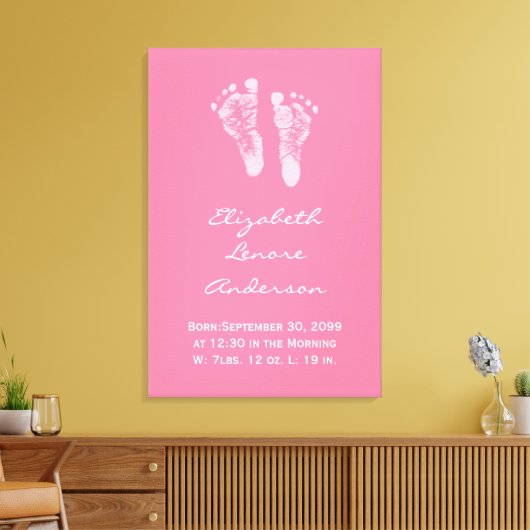 その女の子ピンクのベビー足跡の誕生の発表 キャンバスプリント (インサイチュ (リビング))