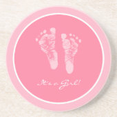 その女の子ピンクのベビー足跡の誕生の発表 コースター (正面)