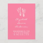 その女の子ピンクのベビー足跡の誕生の発表 案内ポストカード (正面)