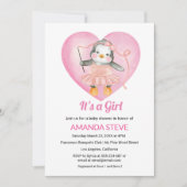 その女の子ピンクのペンギン白い赤ちゃんシャワー 招待状 (正面)