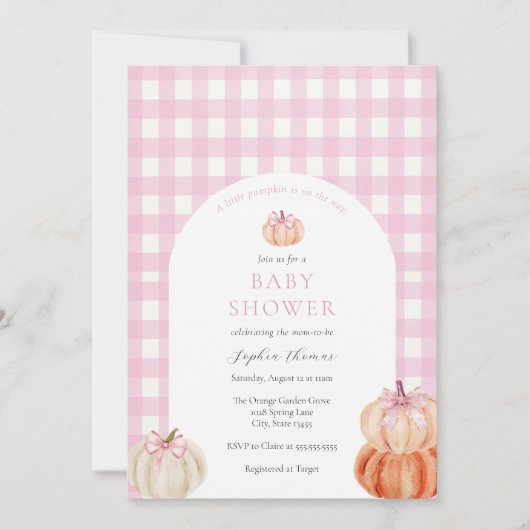 その女の子ピンクの弓カボチャ赤ちゃんシャワーアーチ 招待状 (正面)