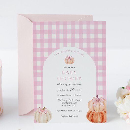 その女の子ピンクの弓カボチャ赤ちゃんシャワーアーチ 招待状