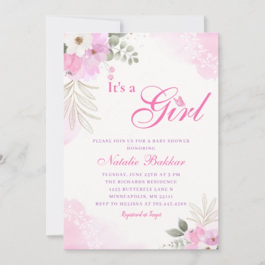 その女の子ピンクの水色のフローラ赤ちゃん女の子シャワー 招待状 (正面)