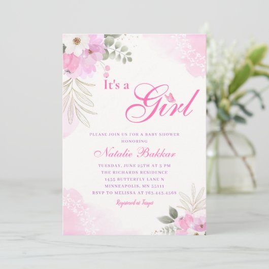 その女の子ピンクの水色のフローラ赤ちゃん女の子シャワー 招待状 (スタンド正面)