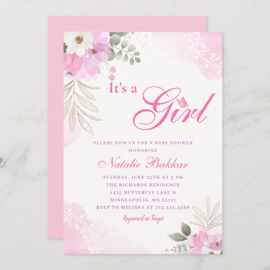 その女の子ピンクの水色のフローラ赤ちゃん女の子シャワー 招待状 (正面/裏面)