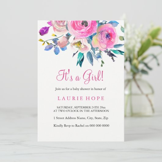 その女の子ピンクの花の赤ちゃんシャワー招待状 招待状 (スタンド正面)