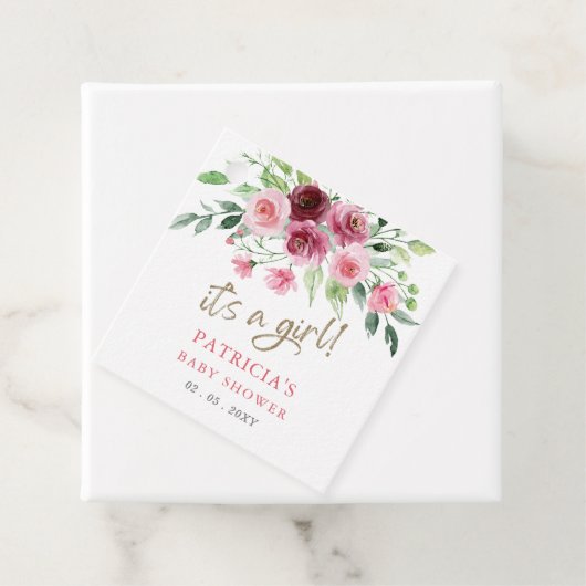 その女の子ピンクモダンのバーガンディフローラ赤ちゃんシャワー フェイバータグ (インサイチュ)